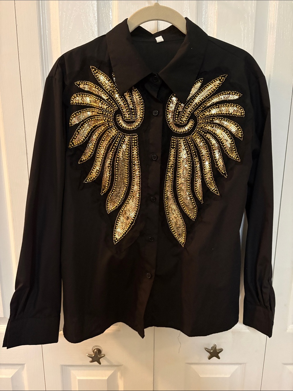 Black Button-Up Shirt with Gold Sequin Wing Embellishment